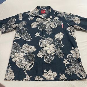 Mango House Okinawa Navy Blue White Hawaiian Short Sleeve Button Up Shirt Size L